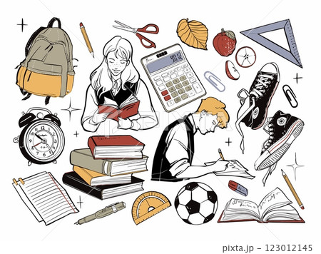 School kids. Back to study. Student characters in science office. Teacher for elementary or college. Teenagers read books. Trendy sneakers. Stationery in backpack Vector graphic icons set 123012145