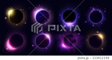 Circle light. Earth flare. Glow universe with gold sparkle in space. Solar lighting. Moon eclipse or sunrise in horizon. Galaxy illumination. Astronomy shine. Vector cosmic flashes set Circle light. Earth flare. Glow universe with gold sparkle in space. Solar lighting. Moon eclipse or sunrise in horizon. Galaxy illumination. Astronomy shine. Vector cosmic flashes set 123012149