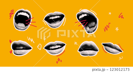 Pop art collage with halftone lips on yellow 123012173