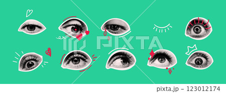 Halftone pop art collage with expressive eyes 123012174
