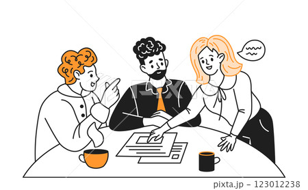 Coworkers solve business tasks at desk color linear icon Coworkers solve business tasks at desk color linear icon 123012238