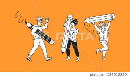 Young students holding giant pencils linear icons collection 123012239