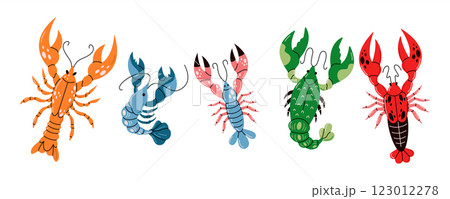 Lobsters raising vibrant claws flat color vector icon set Lobsters raising vibrant claws flat color vector icon set 123012278