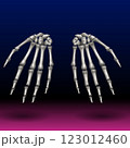 Two skeletal hands are displayed symmetrically against a gradient background transitioning from deep blue to magenta.  Two skeletal hands are displayed symmetrically against a gradient background transitioning from deep blue to magenta.  123012460