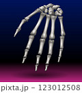 A detailed depiction of a human hand's skeleton is set against a gradient background transitioning from deep blue to pink. The light casts a metallic sheen on the bones, accentuating their structure. A detailed depiction of a human hand's skeleton is set against a gradient background transitioning from deep blue to pink. The light casts a metallic sheen on the bones, accentuating their structure. 123012508