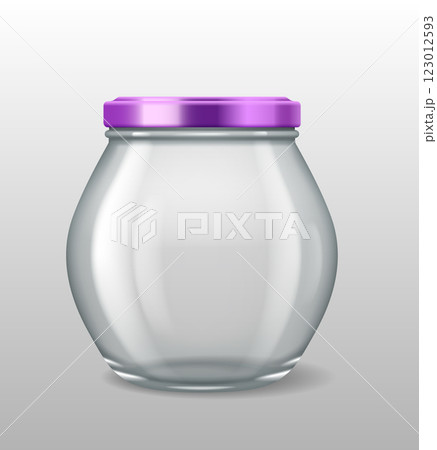 Small transparent glass jar with purple lid 123012593