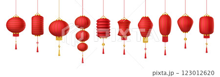 Red paper Chinese lanterns with tassels realistic icons 123012620