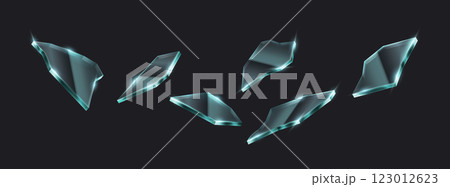 Dark-themed floating glass shards with sharp reflections 123012623
