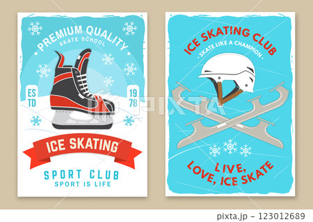 Set of Ice Skate club flyer, poster, banner design. Concept for shirt or logo, print, stamp or tee with skate, helmet. Winter sport. Vector illustration. 123012689