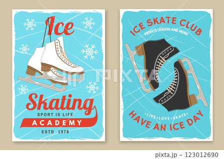 Set of Ice Skate club flyer, poster, banner design. Concept for shirt or logo, print, stamp or tee with skate, helmet, ice skater girl. Winter sport. Vector illustration. 123012690