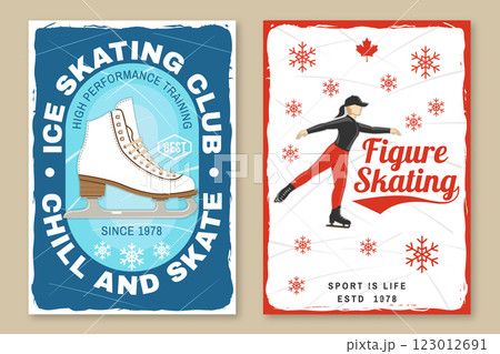 Set of Ice Skate club flyer, poster, banner design. Concept for shirt or logo, print, stamp or tee with skate, helmet, ice skater girl. Winter sport. Vector illustration. 123012691