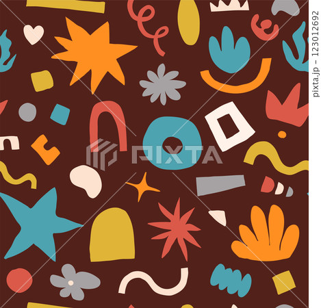 Abstract shapes seamless vector background. Organic graphic design elements in naive modern flat style. Hand drawn doodle figure forms in retro color. Minimal simple cool trendy symbols 123012692