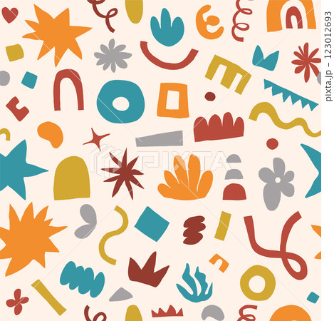 Abstract shapes seamless vector background. Organic graphic design elements in naive modern flat style. Hand drawn doodle figure forms in retro color. Minimal simple cool trendy symbols 123012693