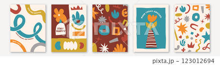 Abstract shapes vector backgrounds. Geometric patterns with simple hand drawn elements and text quotes. Organic naive forms in retro modern flat style. Funky cool posters for decoration 123012694