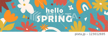 Hello Spring banner vector illustration. Hand drawn horizontal pattern background for Mothers Day, Easter design. Template with textured organic abstract flowers, rainbow, leaves in retro modern style 123012695
