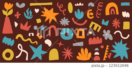 Shape abstract set vector illustration. Organic graphic design elements in naive modern flat style. Hand drawn doodle figure forms in retro color isolated on dark background. Minimal simple symbols 123012696