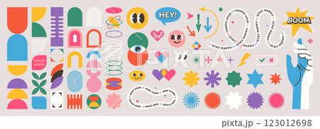 Abstract geometric shapes set vector illustration. Graphic design elements with retro line, simple form, figure, arch, flower, smiley and hand. Trendy cartoon flat stickers, brutal aesthetic 123012698
