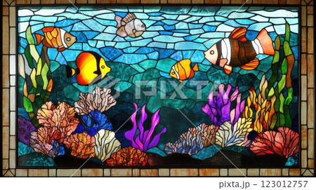 Stained Glass Panel With Ocean Themes Photorealisti 123012757