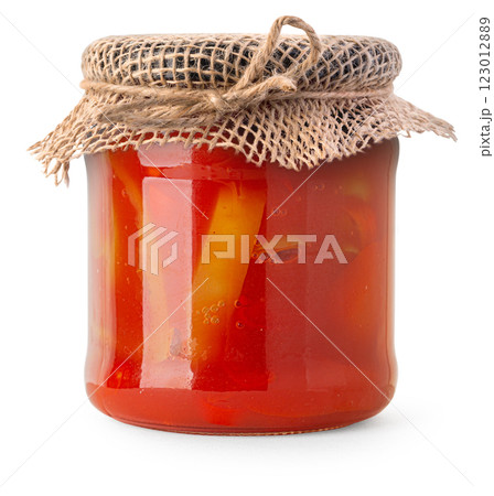 Rustic homemade vegetable stew in glass jar 123012889