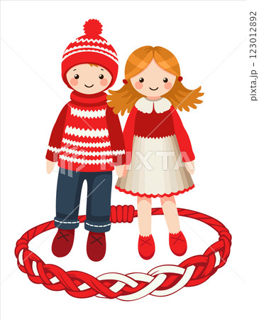Martisor. Match 1. Martenitsa. Beginning of spring. Two cute knitted dolls surrounded with knitted red and white bracelet. Vector isolated illustration Martisor. Match 1. Martenitsa. Beginning of spring. Two cute knitted dolls surrounded with knitted red and white bracelet. Vector isolated illustration 123012892