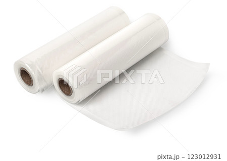 Rolls of vacuum sealer bags unrolling on white background 123012931