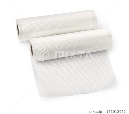 Rolls of vacuum sealer bags unrolling on white background 123012932