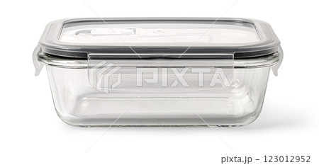 Empty glass food container with lid and locking clips isolated on white background 123012952