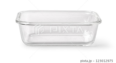 Empty rectangular glass food container with lid, isolated on white background 123012975