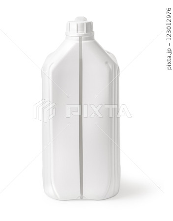 White plastic jerrycan container with blank label for detergent or chemicals White plastic jerrycan container with blank label for detergent or chemicals 123012976