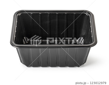 Empty black plastic food container on white background 123012979