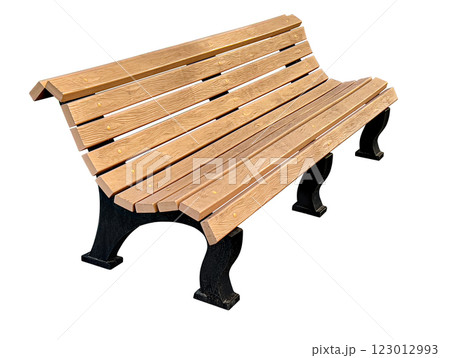 Modern wooden bench isolated on white background, showing slatted seat and metal frame 123012993