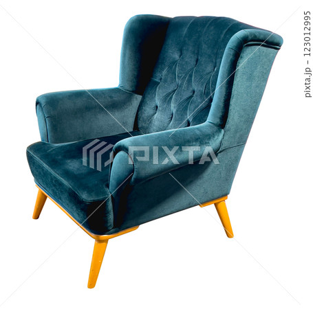 Teal blue velvet upholstered armchair with wooden legs on white background 123012995