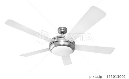 Modern ceiling fan with light rotating on white background 123013001