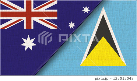 Two Flags Together Australian and Saint Lucia flags on fabric surface Two Flags Together Australian and Saint Lucia flags on fabric surface 123013048