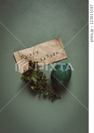 easter card, green egg, boxwood branch, typewritten text , happy easter, easter card, green egg, boxwood branch, typewritten text , happy easter, 123013197