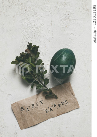 easter card, green egg, boxwood branch, typewritten text , happy easter, easter card, green egg, boxwood branch, typewritten text , happy easter, 123013198