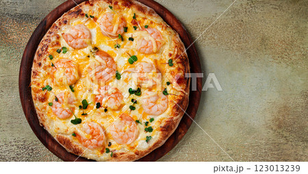 four cheese pizza with shrimp and fresh microgreens, served on a wooden board, homemade, no people, four cheese pizza with shrimp and fresh microgreens, served on a wooden board, homemade, no people, 123013239