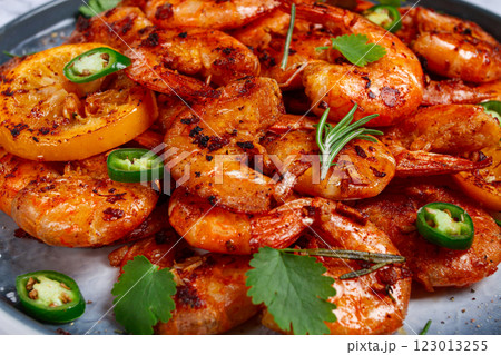 grilled shrimp, unpeeled, headless, with spices, on a marble table, homemade, no people, 123013255