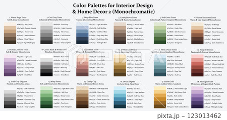 18 Color Palettes Collection 2 for Interior Design and Home Decor, 6 Colors Set, Color Schemes with Hex Codes and Names, Color Swatches and Combinations, Vector Illustration 123013462