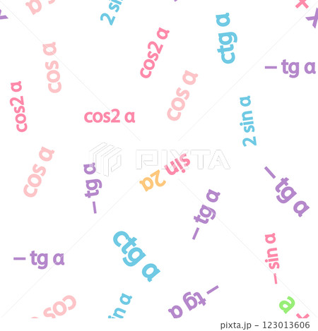 Seamless pattern with mathematical formulas and numbers. Algebra and geometry, calculations tangent, cotangent, sine, cosine, x 123013606