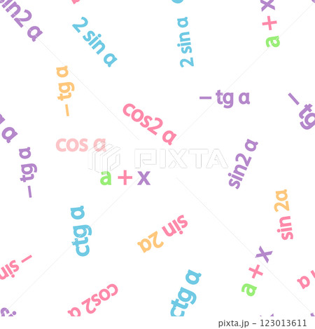 Seamless pattern with mathematical formulas and numbers. Algebra and geometry, calculations tangent, cotangent, sine, cosine, x Seamless pattern with mathematical formulas and numbers. Algebra and geometry, calculations tangent, cotangent, sine, cosine, x 123013611