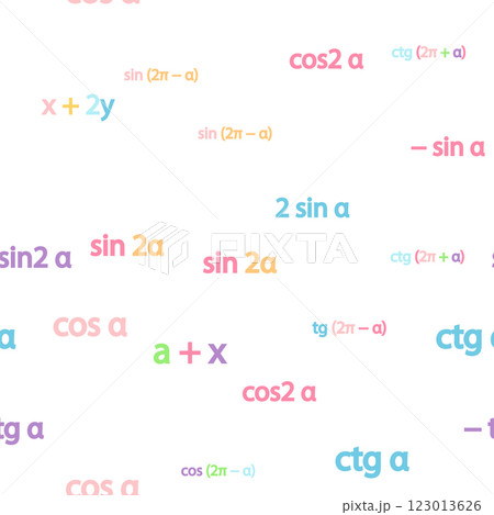 Seamless pattern with mathematical formulas and numbers. Algebra and geometry, calculations tangent, cotangent, sine, cosine, x 123013626