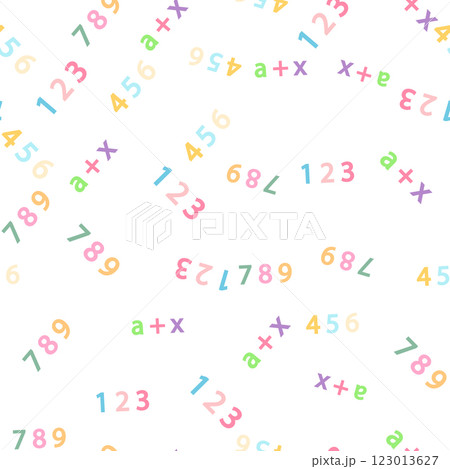 Seamless pattern with mathematical formulas and numbers. Algebra and geometry, calculations tangent, cotangent, sine, cosine, x 123013627