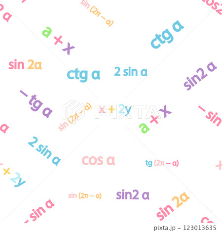 Seamless pattern with mathematical formulas and numbers. Algebra and geometry, calculations tangent, cotangent, sine, cosine, x 123013635