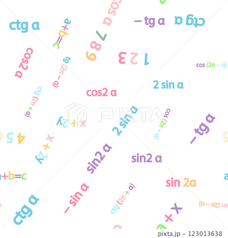 Seamless pattern with mathematical formulas and numbers. Algebra and geometry, calculations tangent, cotangent, sine, cosine, x Seamless pattern with mathematical formulas and numbers. Algebra and geometry, calculations tangent, cotangent, sine, cosine, x 123013638