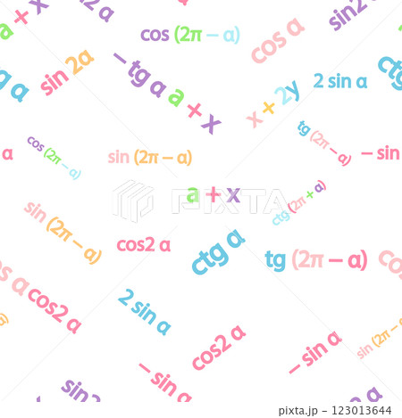 Seamless pattern with mathematical formulas and numbers. Algebra and geometry, calculations tangent, cotangent, sine, cosine, x 123013644