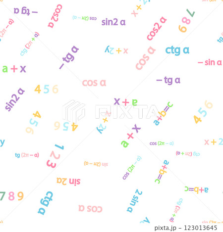 Seamless pattern with mathematical formulas and numbers. Algebra and geometry, calculations tangent, cotangent, sine, cosine, x 123013645