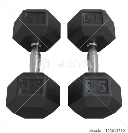 Hex Dumbbells with number 15, weightlifting gym equipment side view. Png clipart isolated on transparent background 123013780