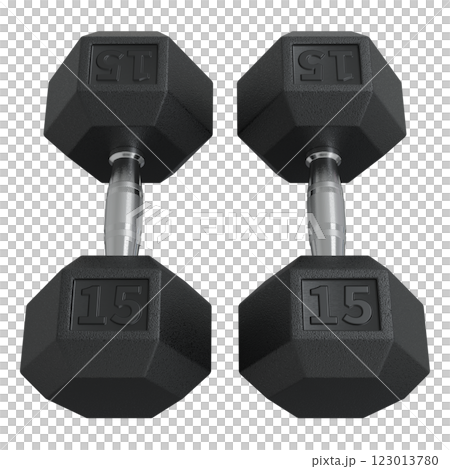 Hex Dumbbells with number 15, weightlifting gym equipment side view. Png clipart isolated on transparent background 123013780