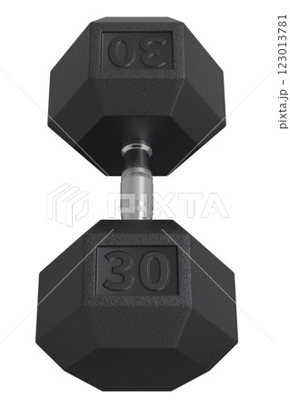 Hex Dumbbell with number 30, weightlifting gym equipment side view. Png clipart isolated on transparent background 123013781
